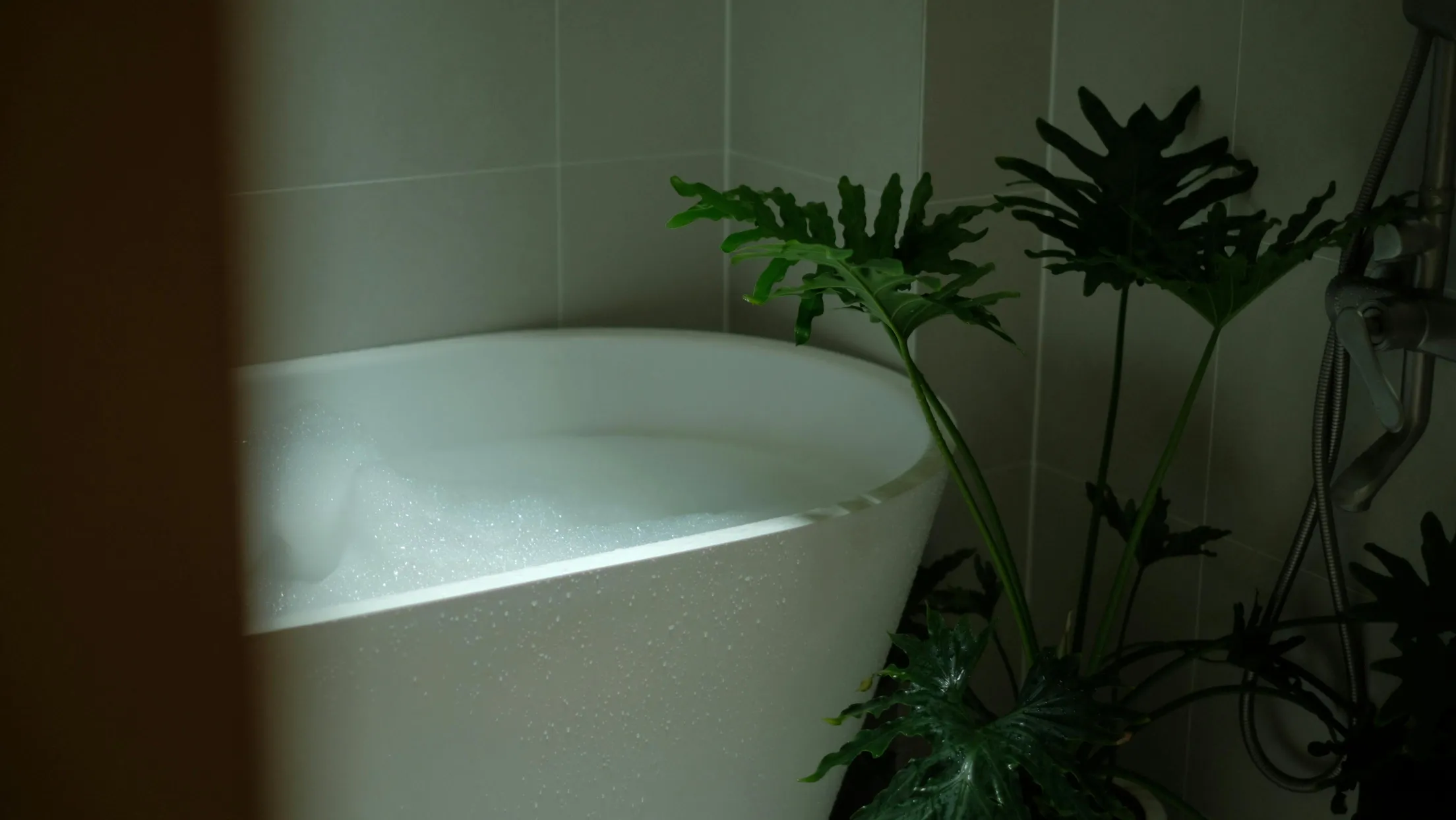 Ett inbjudande skumbad i ett modernt vitt badkar omgivet av gröna växter efter en badrumsrenovering i Höllviken.